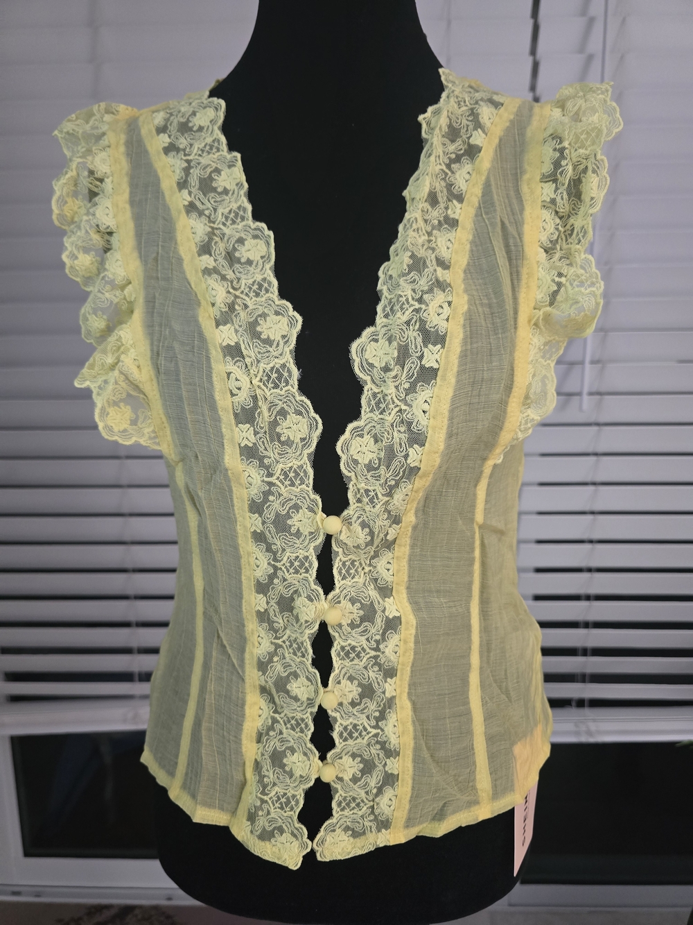 SHEIN Yellow Lace-Trim Sheer Ruffle Sleeve Top